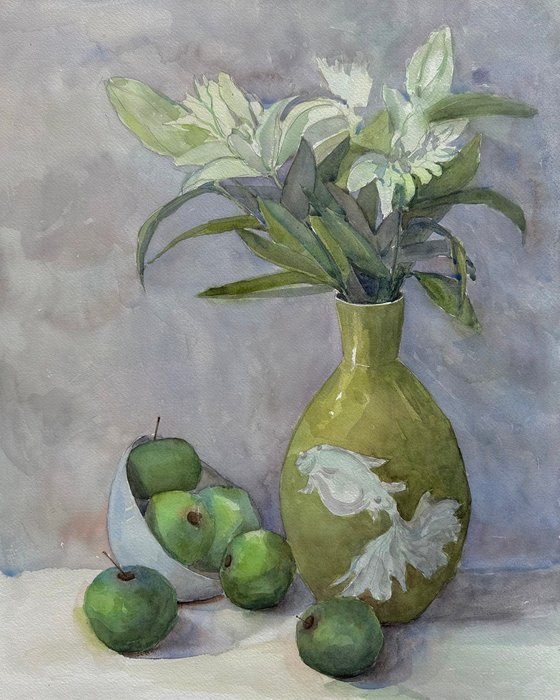Lilies and green apples