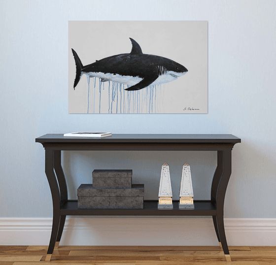 Large Abstract The Great White Shark. Acrylic painting on canvas. Ocean animals, black, white. Painting 61x91cm.