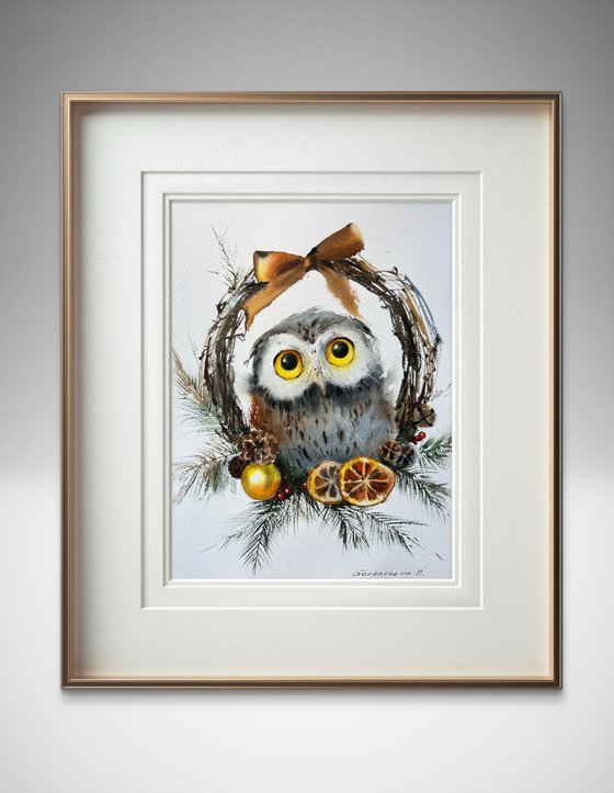 Owl and Christmas wreath #3