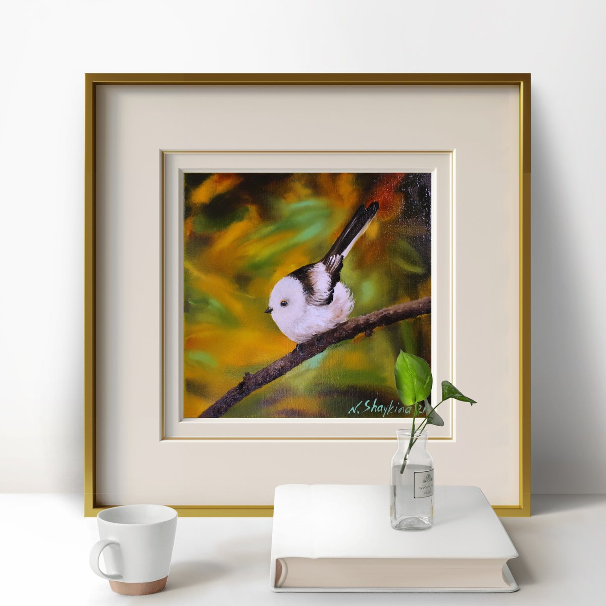 Photorealistic Oil Painting , Long-Tailed Tit Bird In Autumn By Natalia Shaykina, 8 X 8, Artwork For Sale On Artfinder