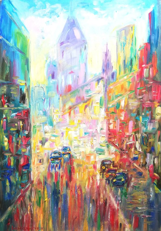 "City Lights", oil on museum quality canvas impasto original art 35x50cm (14x20")