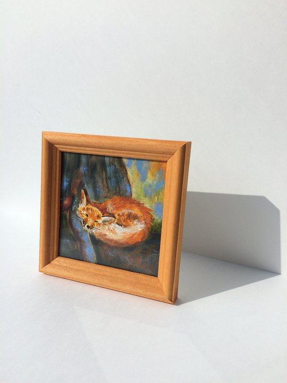 Sleeping fox oil painting - Animal original small canvas - Tiny framed artwork (2021)