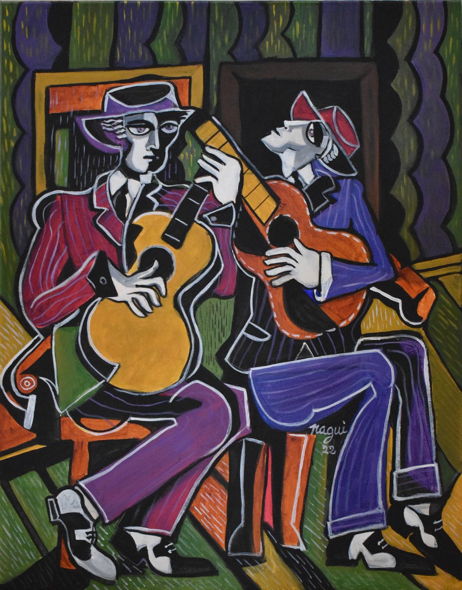 Expressive Portrait Acrylic Painting By Nagui, 16 X 20", Two Guitars 22, Original Artwork