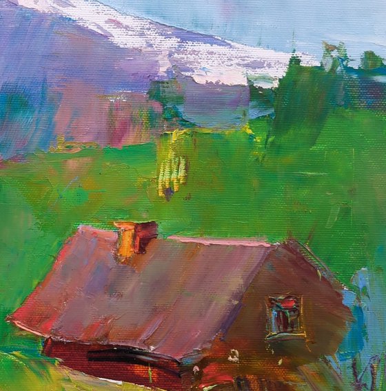 Small house in the mountains . Original oil painting