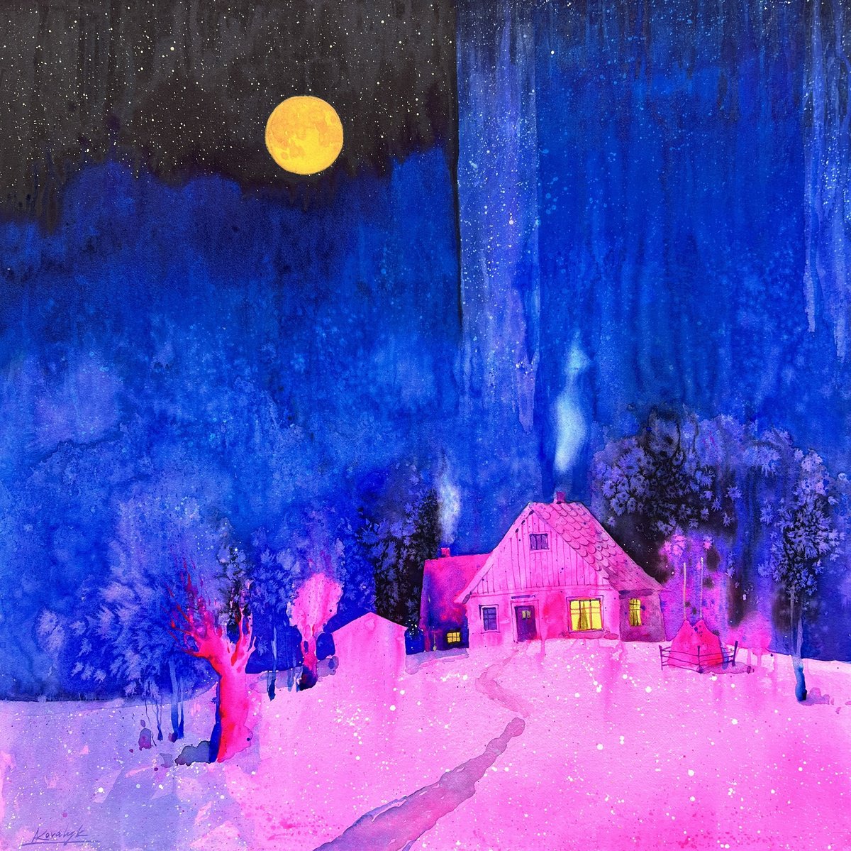 Impressionistic Landscape Watercolour By Andrii Kovalyk, 39 X 39, Sanctuary Amid Eternal Winter, Original Artwork