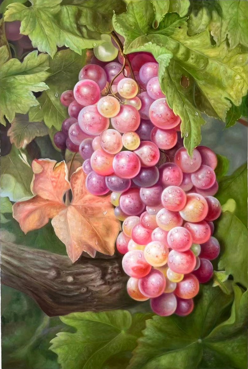 Photorealistic Still Life Oil Painting By Kunlong Wang, 24 X 35", Grape With Leaves T239, Original Artwork