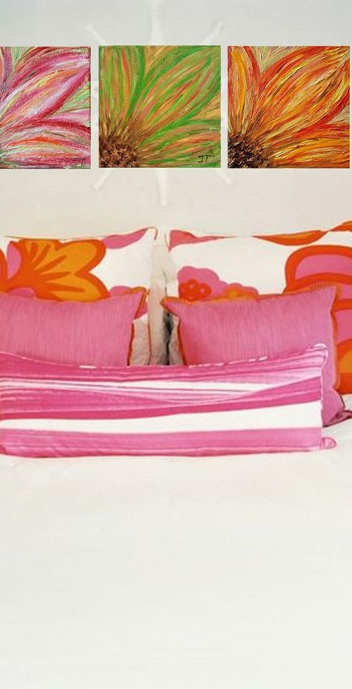 ABSTRACT FLOWERS: PINK, GREEN AND ORANGE | TRIPTYCH | FRAMED by Jenny Tsoneva
