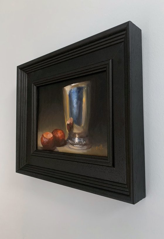 Original Oil Still Life Conkers with Antique Silver Goblet.