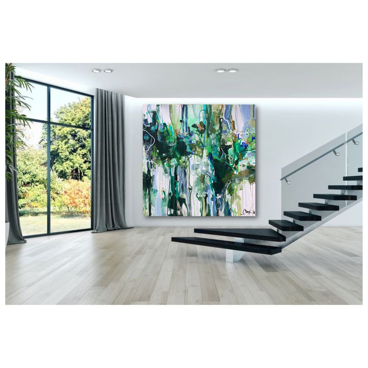 Abstract Landscape Acrylic Painting By Maria Esmar, 83 X 83", The Island, Original Artwork