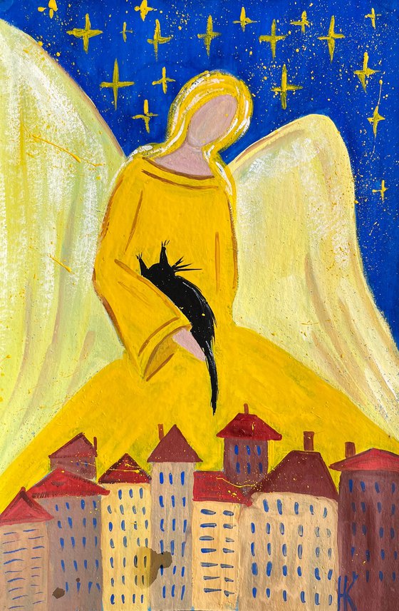 Angel Painting Cat Original Art Christmas Small Artwork 8 by 12 inches