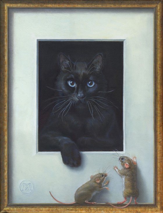 Trompe l'oeil with cat and mice