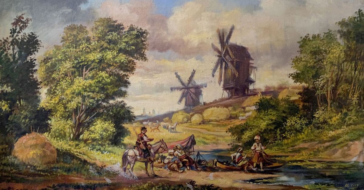 Impressionistic Landscape Oil Painting By Oleg And Alexander Litvinov, 12 X 22", Landscape With Mills, Original Artwork