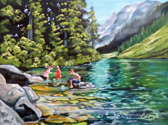 Paper boats on the water oil painting