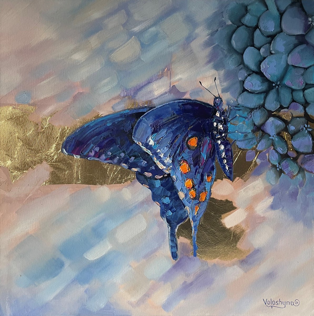 Impressionistic Animal Oil Painting By Mary Voloshyna, 24 X 24", Butterfly On Flower. Original Oil Painting. Blue Butterfly, Artfinder
