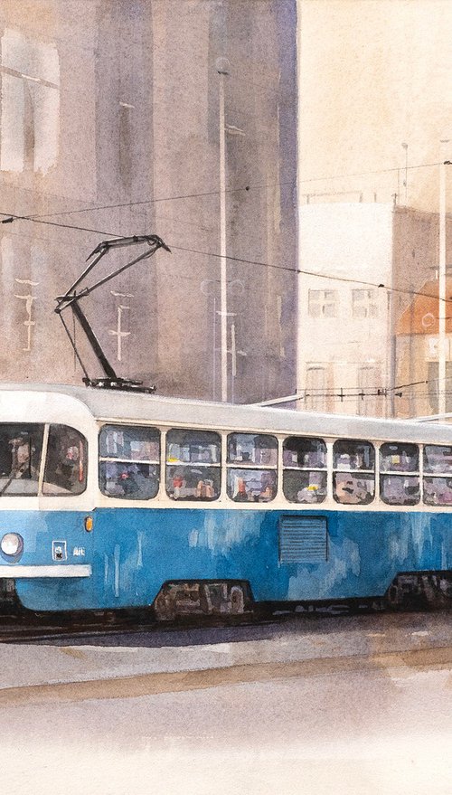 Two-Car Blue Tram - 40x30cm Watercolor by Masato Watanabe