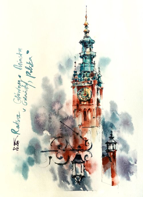 "Town Hall in Gdansk. Poland" architectural landscape - Original watercolor painting by Ksenia Selianko