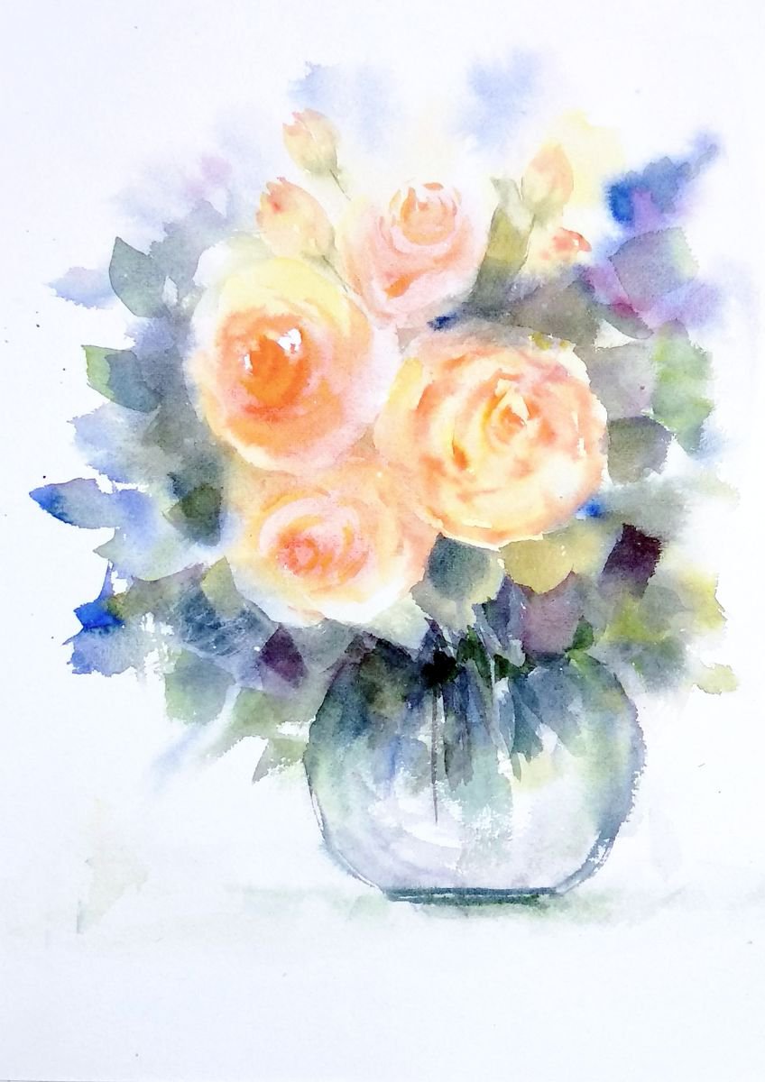 Impressionistic Watercolour , Cream-Orange Summer Roses By Asha Shenoy, 10 X 14, Artwork For Sale On Artfinder
