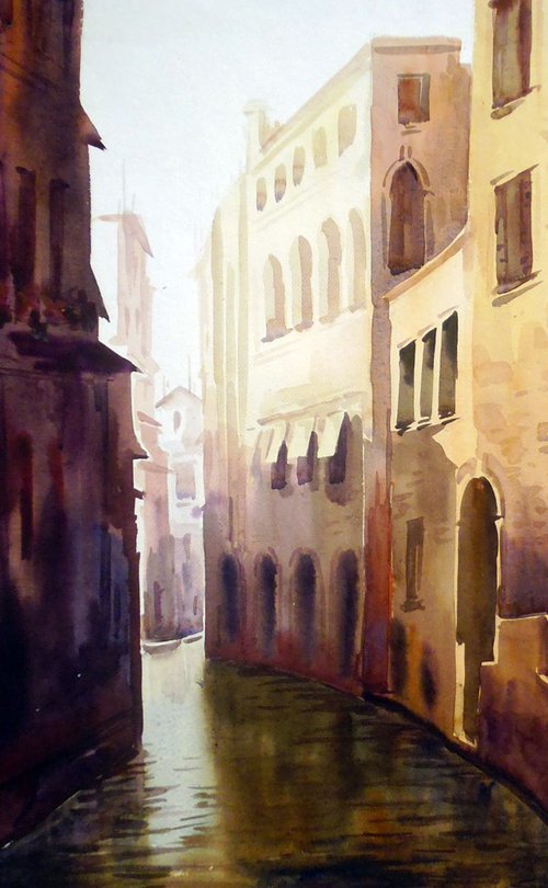 Morning Canals at Venice - Watercolor Painting by Samiran Sarkar