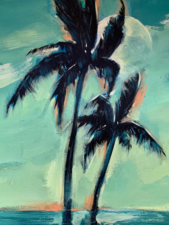 Expressionist painting - "Green day" - Pop Art - palms and sea - night seascape - 2022