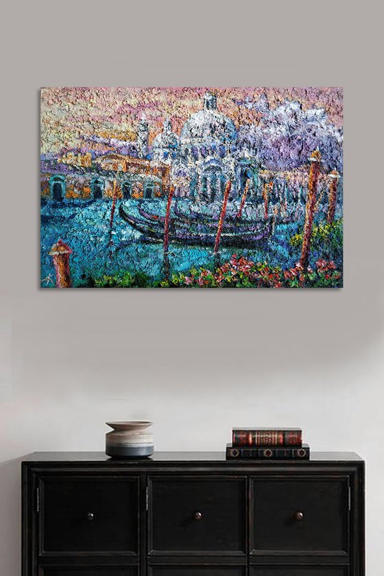 Morning venice - oil painting, canals in Venice, gondolas in Venice, venice Italy