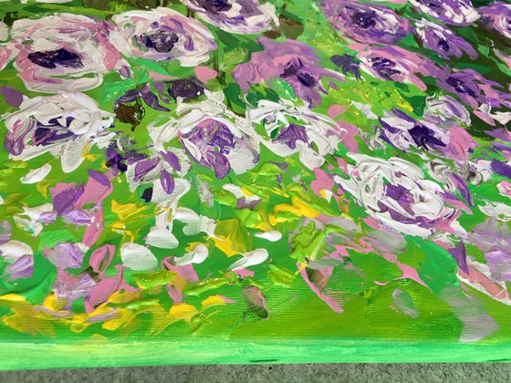 FIELD OF PURPLE PINK WHITE  ROSES  palette knife modern decor MEADOW OF FlOWERS, LANDSCAPE,  office home decor gift