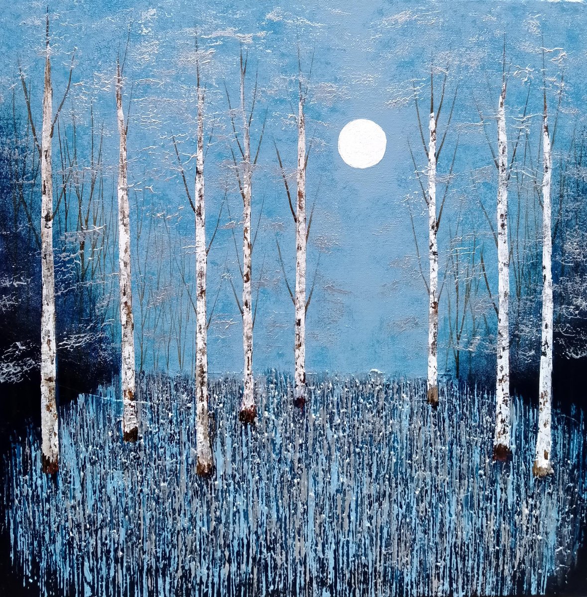 Impressionistic Landscape Acrylic Painting By Amanda Horvath, 20 X 20, By Silver Moonlight, Original Artwork