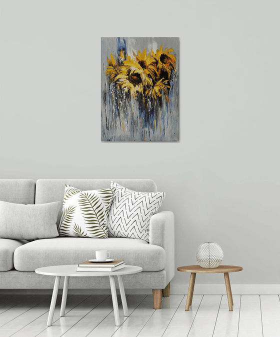Yellow sunflowers (60x80cm, oil painting, palette knife, ready to hang)