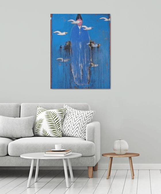 Silent Ascension – Blue Figure with Birds