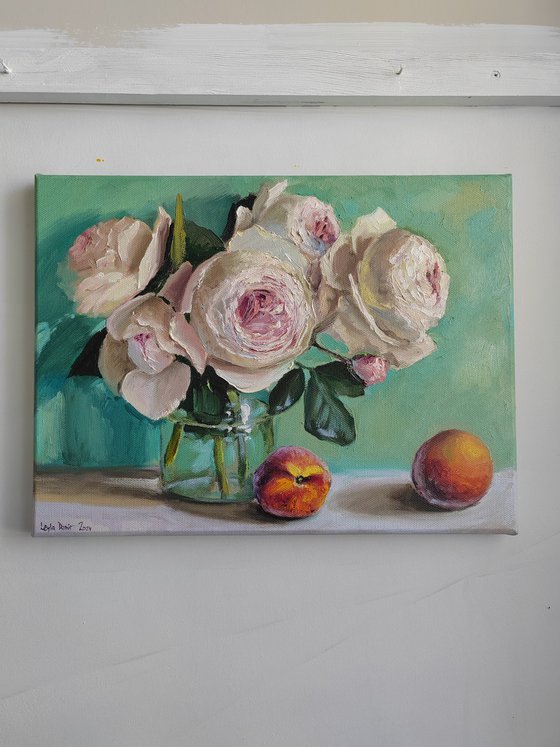 White Roses whith peach original canvas oil painting flower Still Life 12x16''