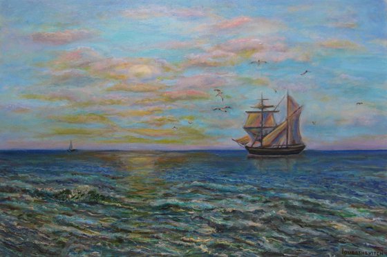 Original Oil Painting Italian Seascape under the Setting Sun Seaside Harbour  with a Wooden Ship Blue Waves Shoreline Fineart