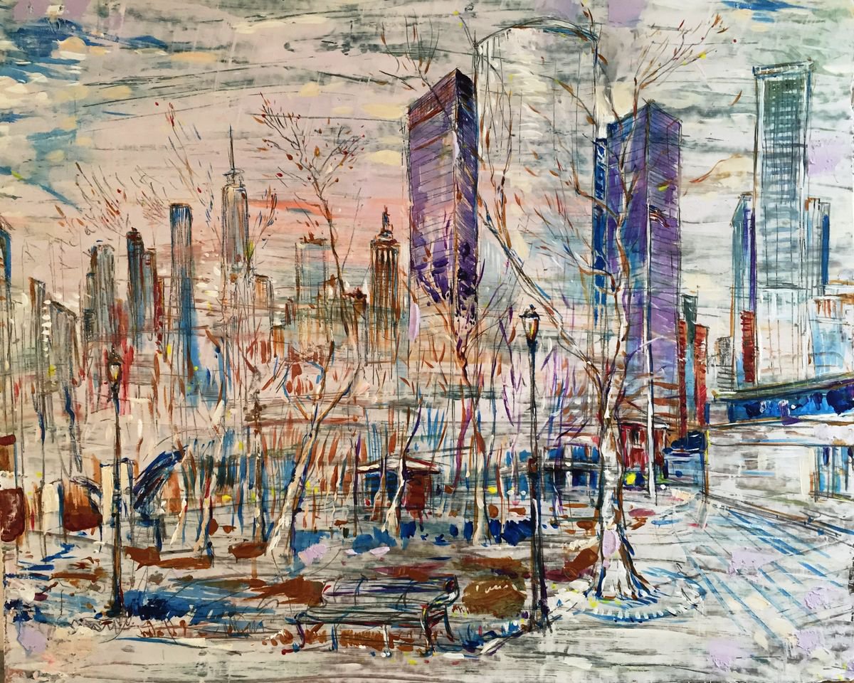 Impressionistic Cityscapes Acrylic Painting By Altin Furxhi, 29 X 22, Battery Park Manhattan, Original Artwork