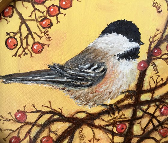 Chickadee # 20 - oil on 8X8 octagonal canvas