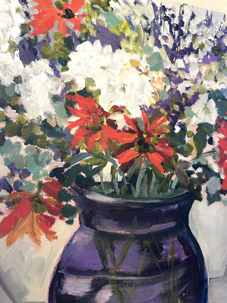Impressionistic Botanical Acrylic Painting By Annette Wolters, 16 X 20, Flowers In Purple Heart Vase, Original Artwork