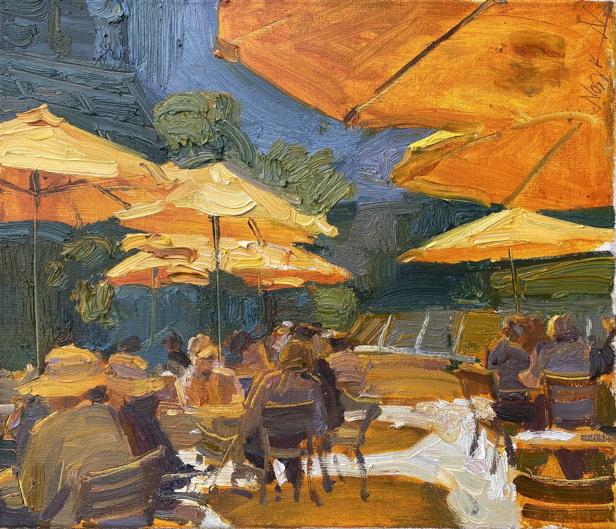 Impressionistic Cityscapes Oil Painting By Nataliia Nosyk, 14 X 12", Yellow Umbrelass, Original Artwork