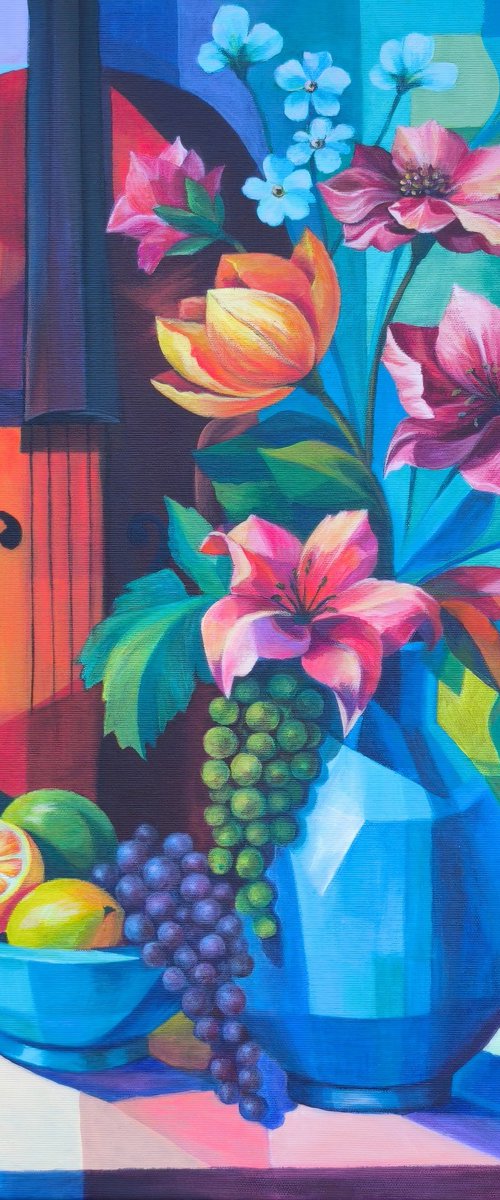 Colorful Floral Still Life with Cello by Elena Gotovtseva