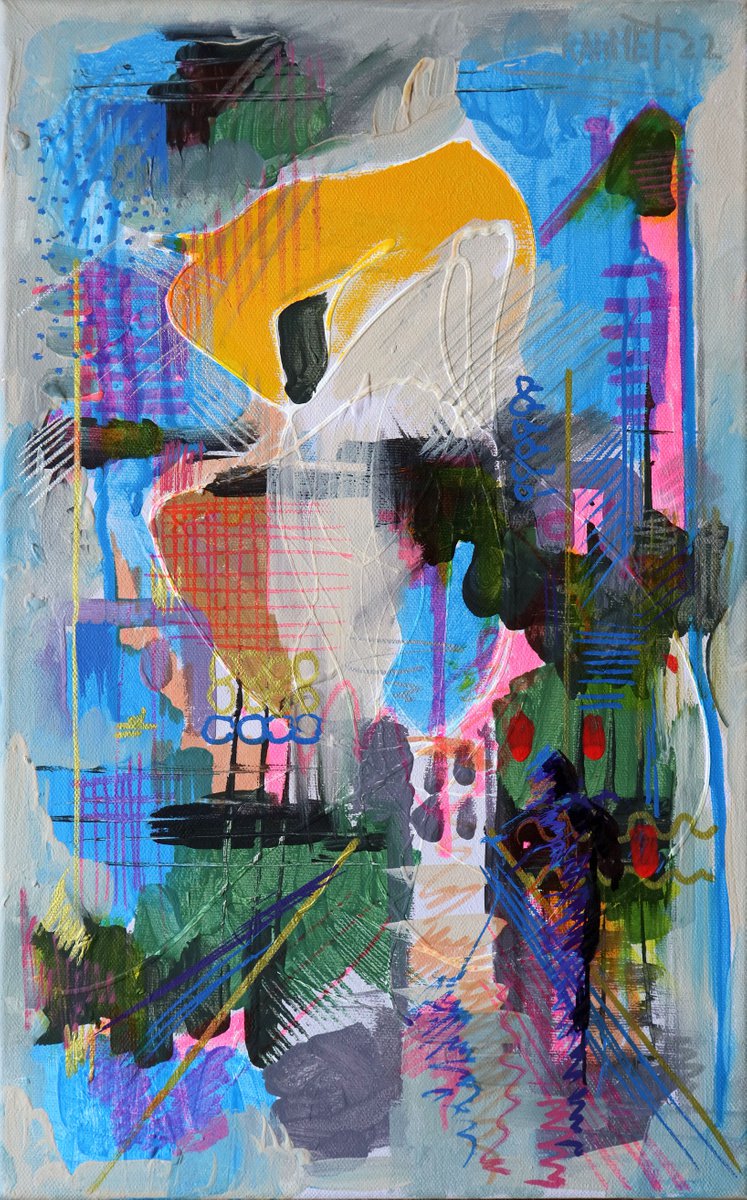 Abstract Cityscapes Acrylic Painting By Rakhmet Redzhepov, 9 X 15", City Sketches 2., Original Artwork