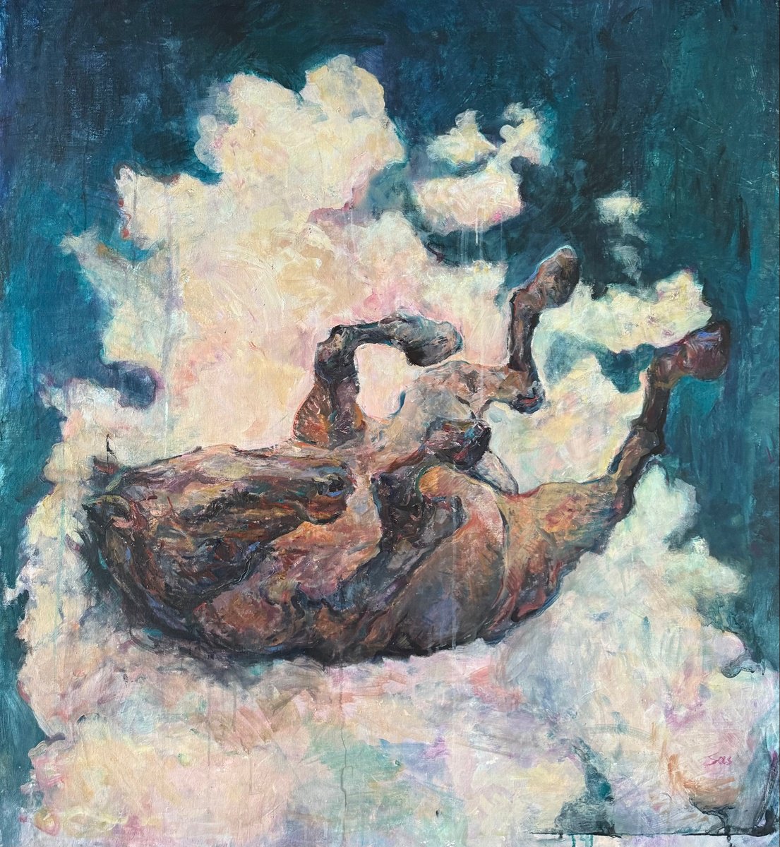 Surrealistic Animal Acrylic Painting By Liubou Sas, 39 X 43", Carefree, Original Artwork