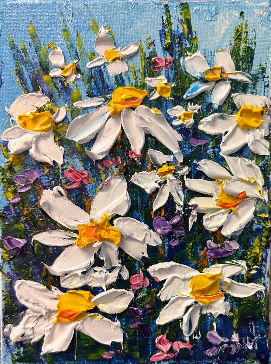 Impressionistic Botanical Oil Painting By Oksana Fedorova, 7 X 9", Daisies Impasto Flowers, Original Artwork