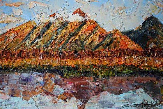 Original palette knife oil painting Sunset mountains in Alaska