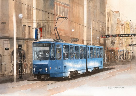 Blue Tram on the Avenue - 40x30cm Watercolor