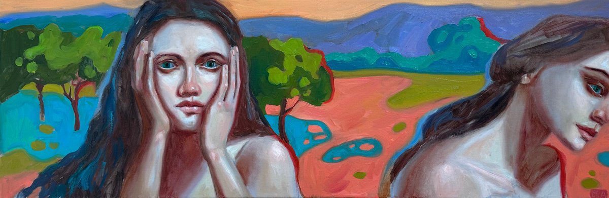 Surrealistic Oil Painting , Duality. Two Girls With Abstract Landscape By Anna Bogushevskaya, 36 X 12, Artwork For Sale On Artfinder