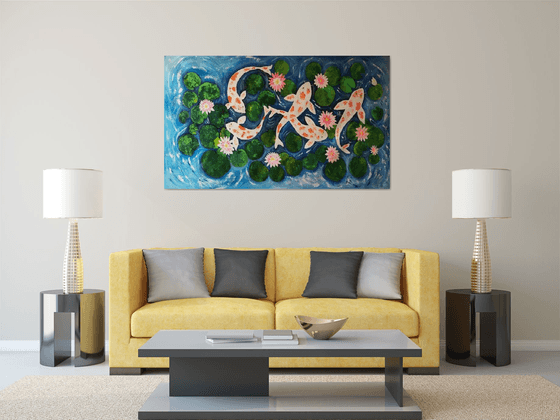 Koi Fish and Water Lilies !! Large Painting ! Feng Shui ! Textured color !! Knife Art !!