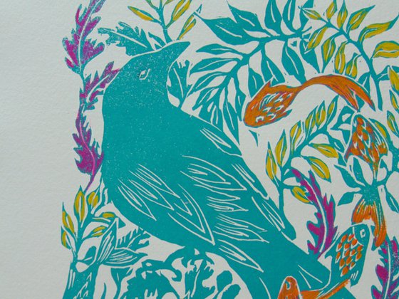 Fantasy bird, linocut, A3