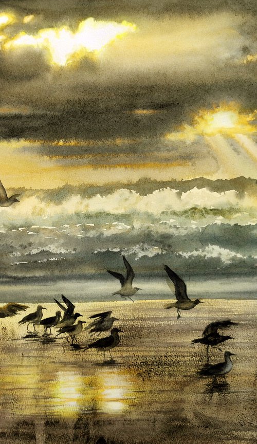 Stormy Coastline  - Seagulls a by Olga Beliaeva Watercolour