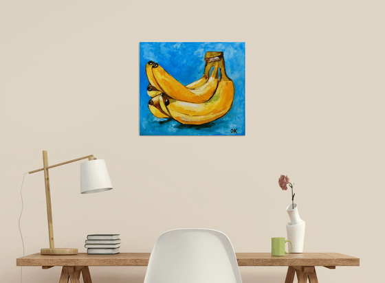 Bananas on  turquoise  Still life. Palette knife painting on linen canvas