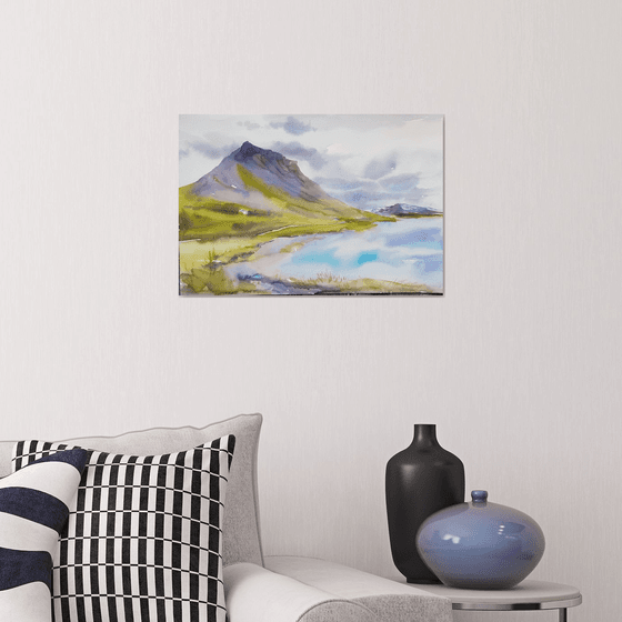 Watercolor landscape. "The road along the fjord" Westfjords Iceland.