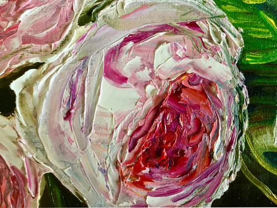 BOUQUET OF CORAL ROSES #4 palette knife modern red pink still life  flowers Dutch style office home decor gift