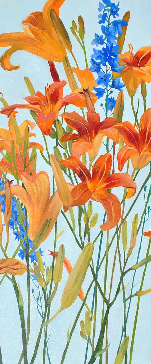 Orange Daylilies, Delphinium by Anna Shevel