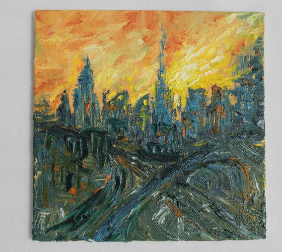 Dubai at Sunset (Feb 2020) - Palette Knife Impressionistic Oil Painting - Skyline - Cityscape - Miniature - Mini canvas - Famous places - Abstract - sun
