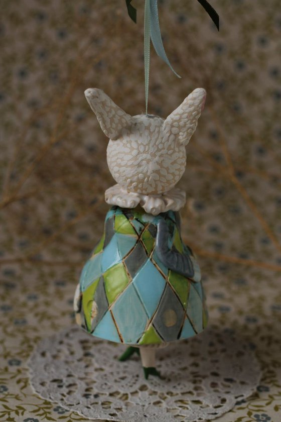 Little rabbit in harlequin dress. Hanging sculpture, bell doll by Elya Yalonetski